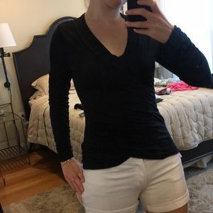 elie tahari black long ruched sleeved tulip shirt